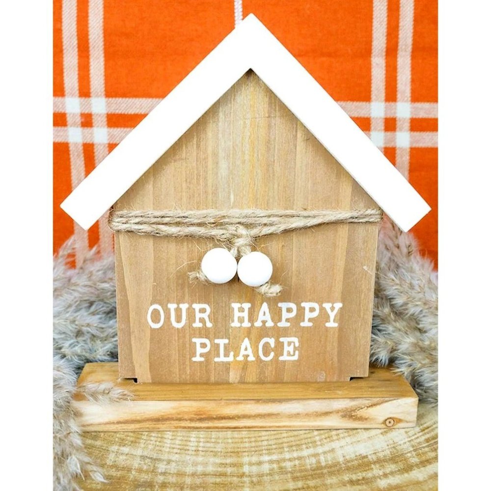 Our Happy Place. Wooden Sign Home Décor. Beaded Jute Twine. NWT.